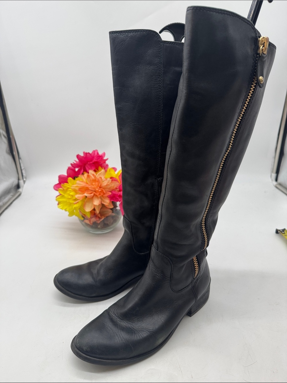 Aldo Black Tall Leather Knee High Boots with Side Zip Size 7.5
